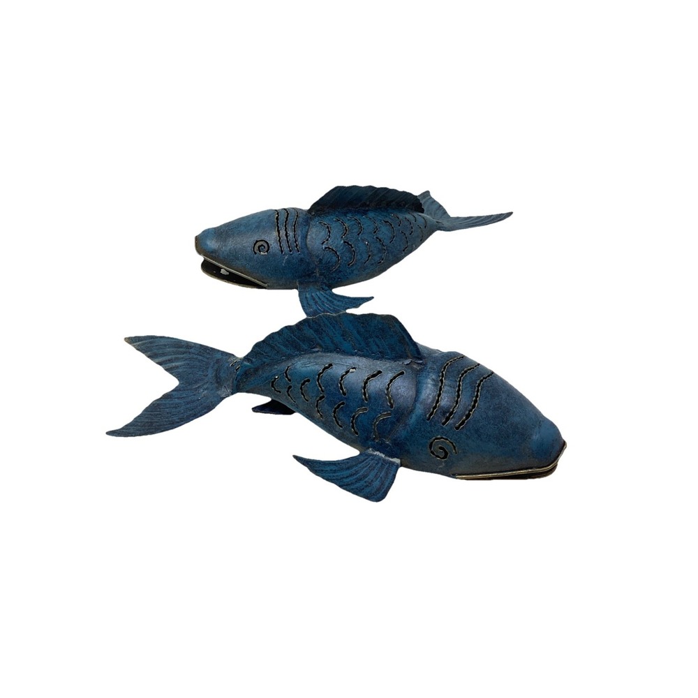 (2) Vtg Metal Cutout Blue Fish, Whales Tea Light  Luminaries Tabletop Decor 12"